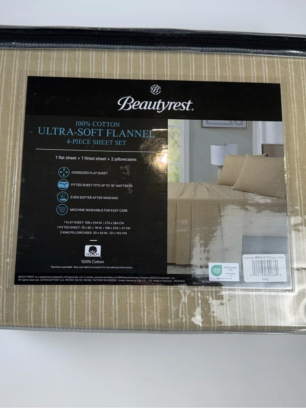 Beautyrest Flannel King Beige Stripe Sheets New